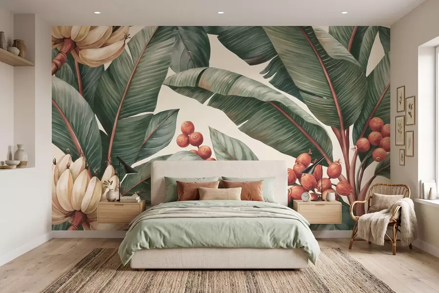wall murals Tropical banana leaves with clusters of red coffee berries, watercolor style w09997