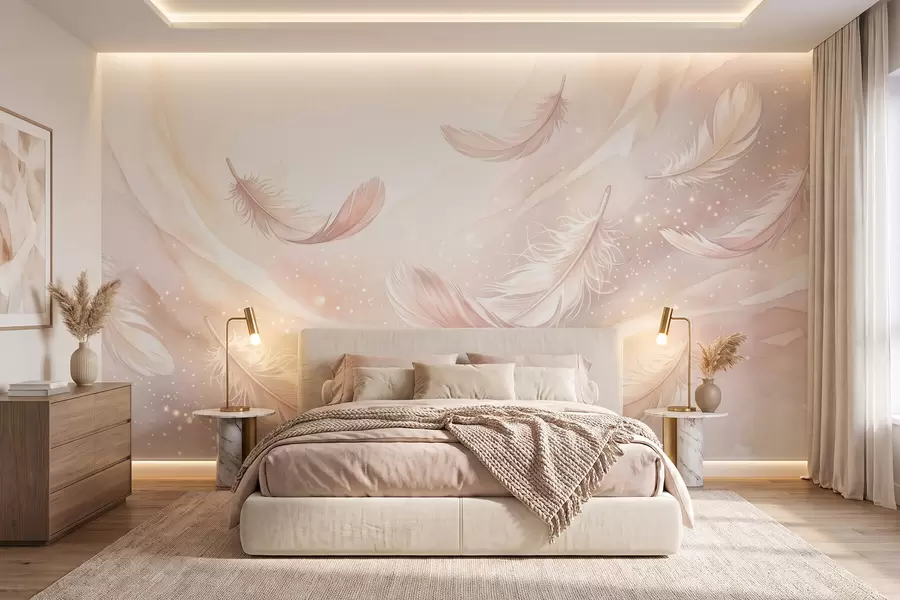 wall murals Delicate airy feathers in a peach-pink haze with shimmer w10003