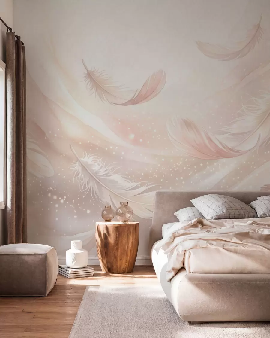 wall murals Delicate airy feathers in a peach-pink haze with shimmer w10003