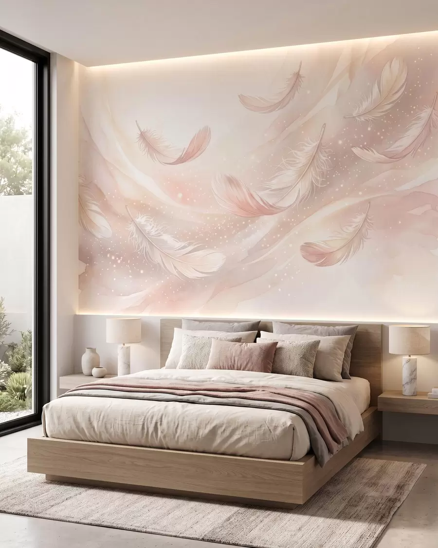 wall murals Delicate airy feathers in a peach-pink haze with shimmer w10003
