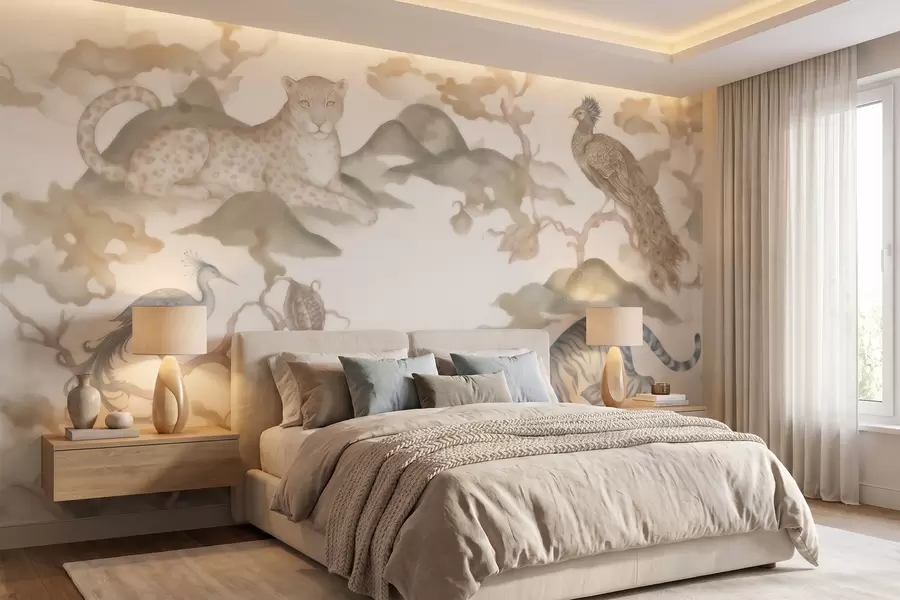wall murals Imperial garden with oriental-style animals — monkey, leopard, tiger, peacock, and heron w10011