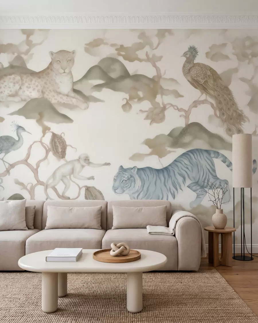 wall murals Imperial garden with oriental-style animals — monkey, leopard, tiger, peacock, and heron w10011
