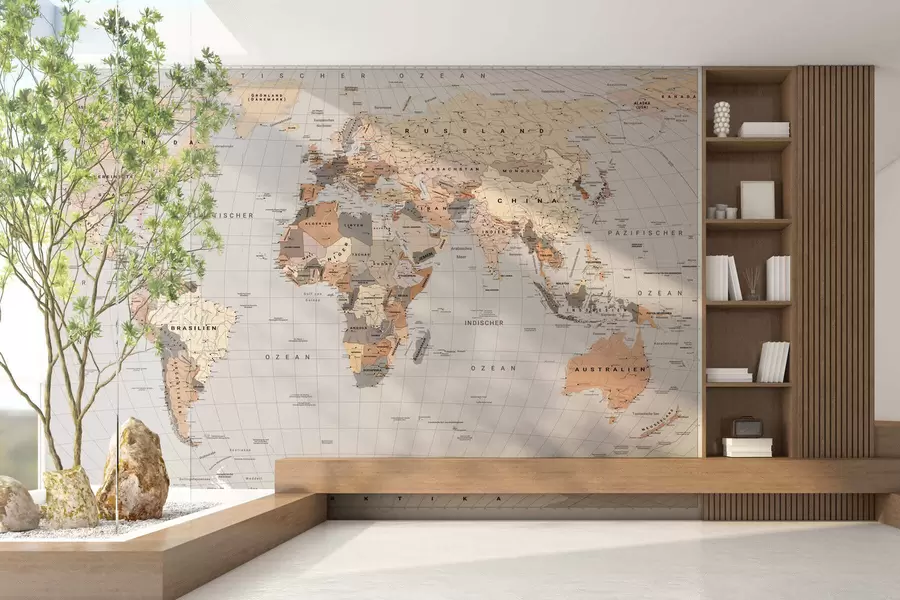 wall murals A beige political map of the world with flags in German c00016dev1