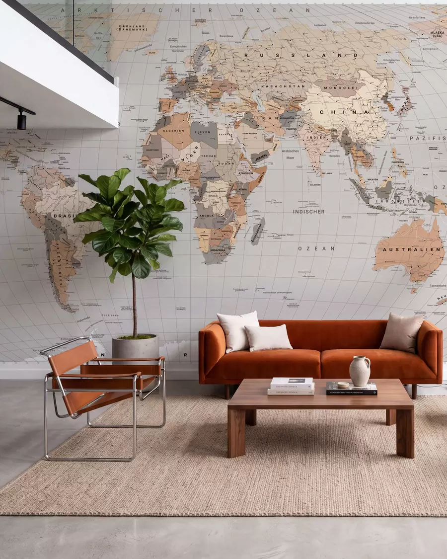 wall murals A beige political map of the world with flags in German c00016dev1