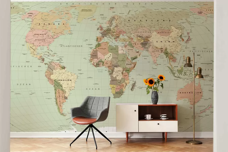wall murals Olive-colored political map of the world with flags, in German c00016dev3