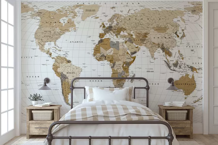 wall murals A brown political map of the world with flags in English c00016en