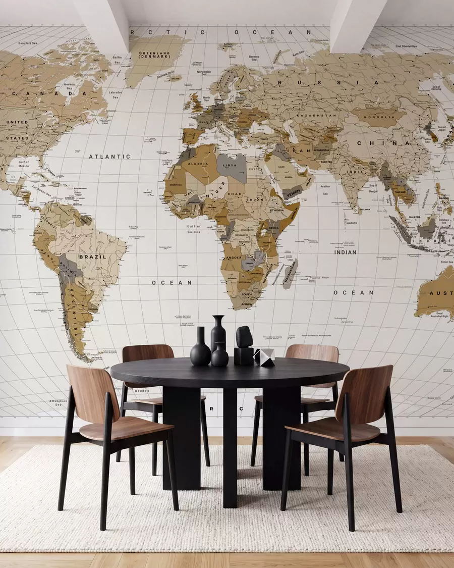 wall murals A brown political map of the world with flags in English c00016en