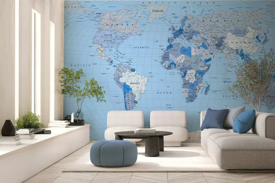 wall murals Blue political map of the world with flags, in English c00016env2