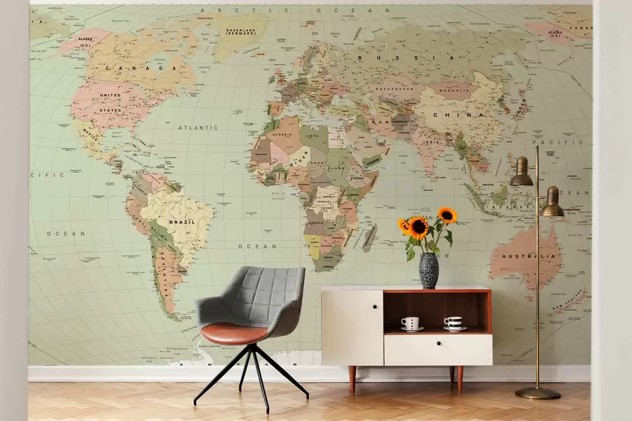 wall murals Olive-colored political map of the world with flags, in English c00016env3