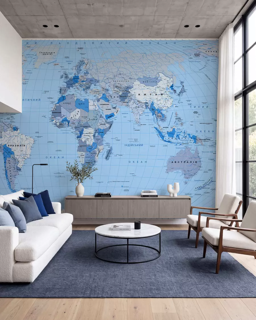 wall murals Blue political map of the world with flags, in Ukrainian c00016ukv2