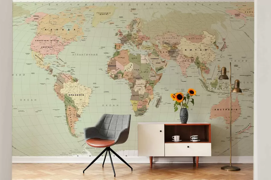 wall murals Olive-colored political map of the world with flags, in Ukrainian c00016ukv3