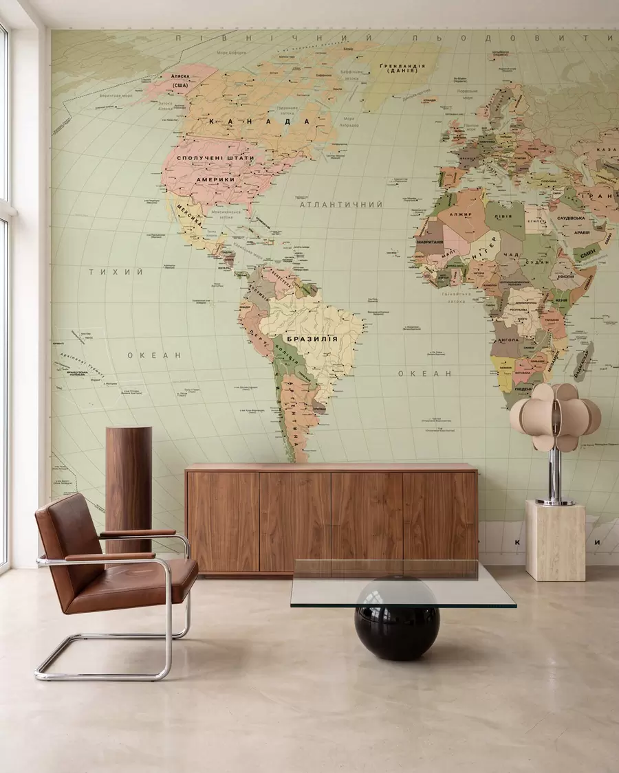 wall murals Olive-colored political map of the world with flags, in Ukrainian c00016ukv3
