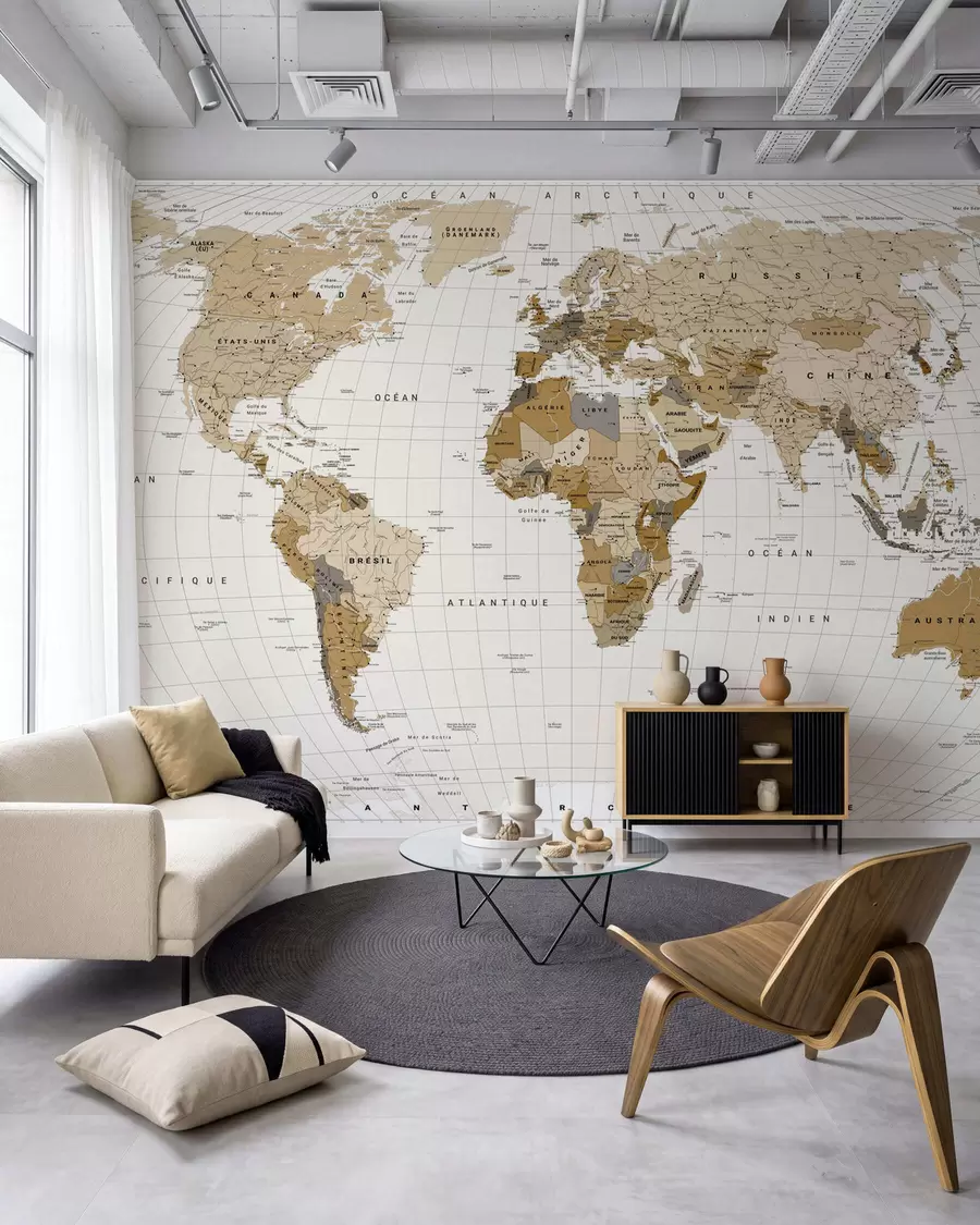 wall murals Ochre World Map in French c00016fr