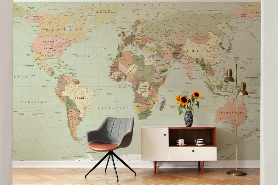 wall murals Olive-colored political map of the world with flags, in Spanish c00016esv3
