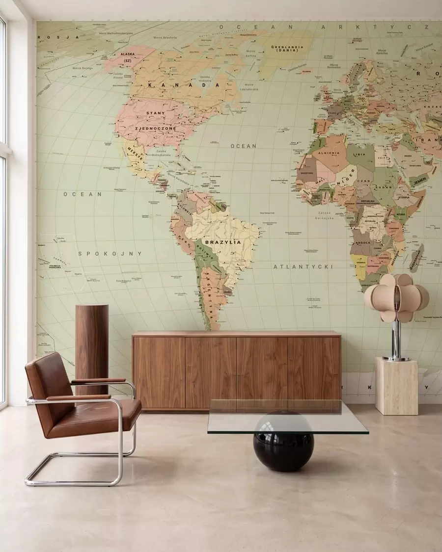 wall murals Olive-colored political map of the world with flags, in Polish c00016plv3