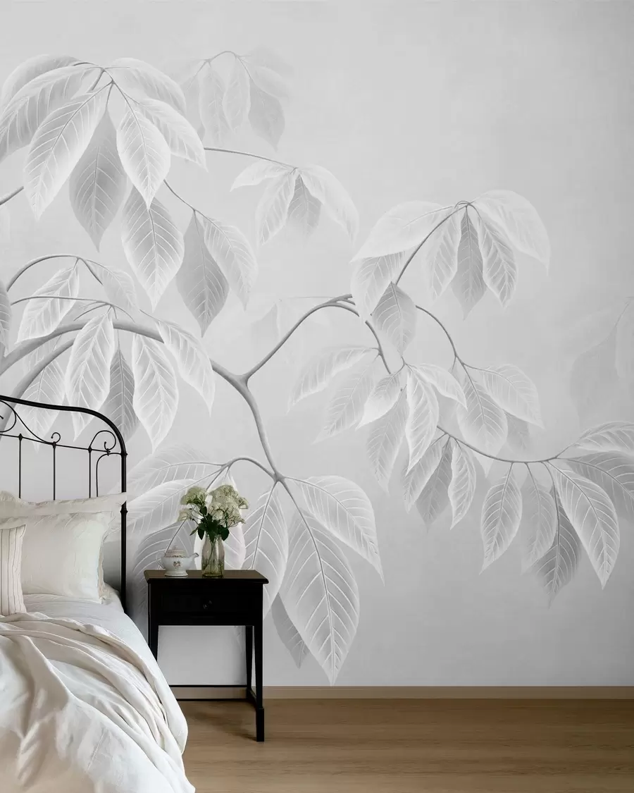 wall murals Pale branches with large leaves on a soft background w05806