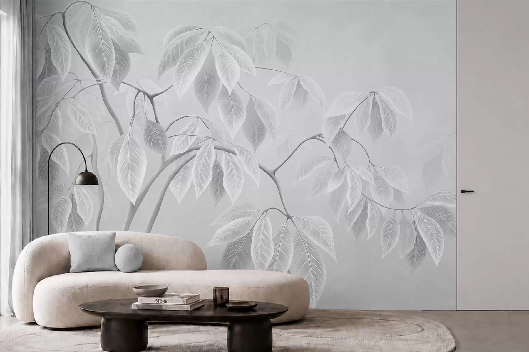 wall murals Pale branches with large leaves on a soft background w05806