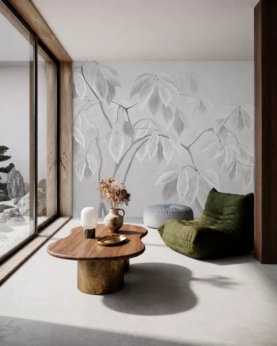 wall murals Pale branches with large leaves on a soft background w05806