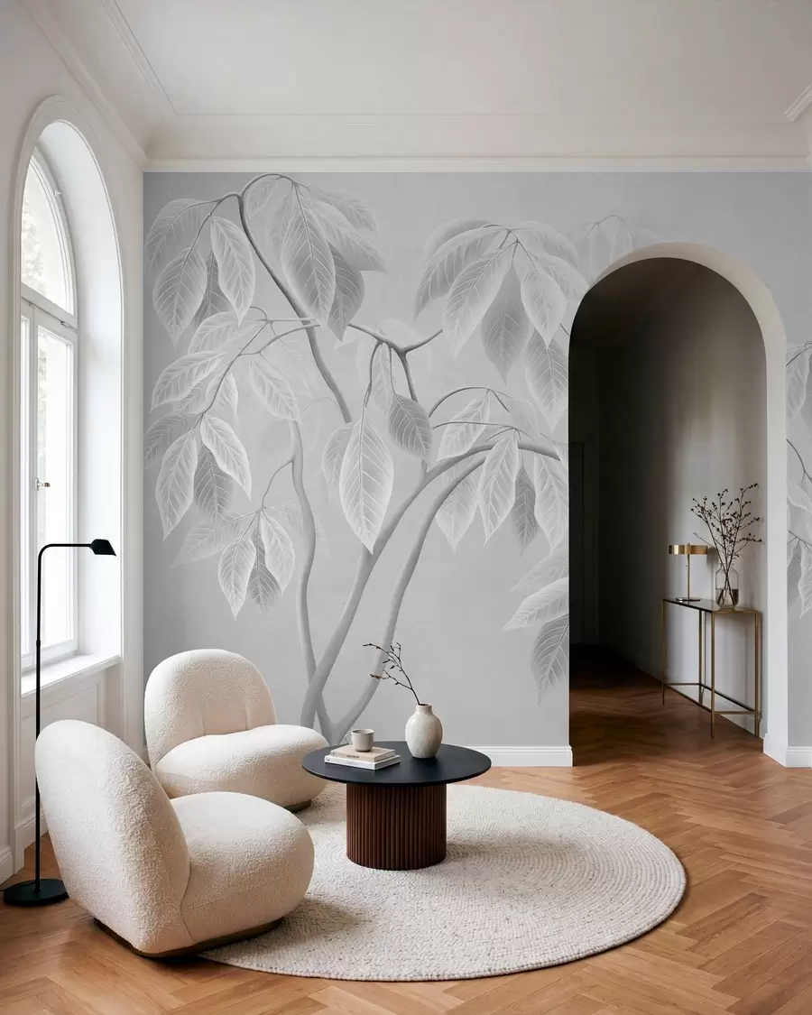 wall murals Pale branches with large leaves on a soft background w05806