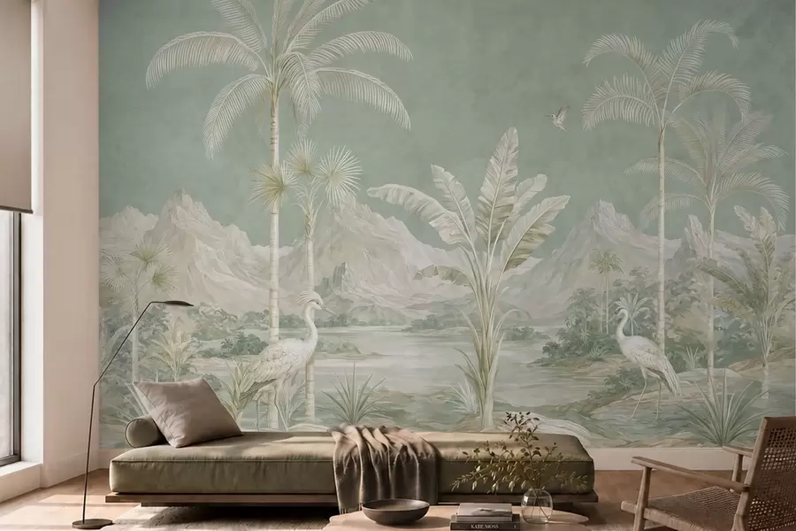 wall murals Tropical landscape in soft green tones w05819