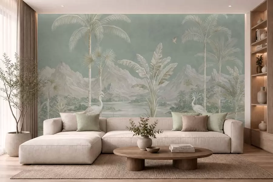 wall murals Tropical landscape in soft green tones w05819