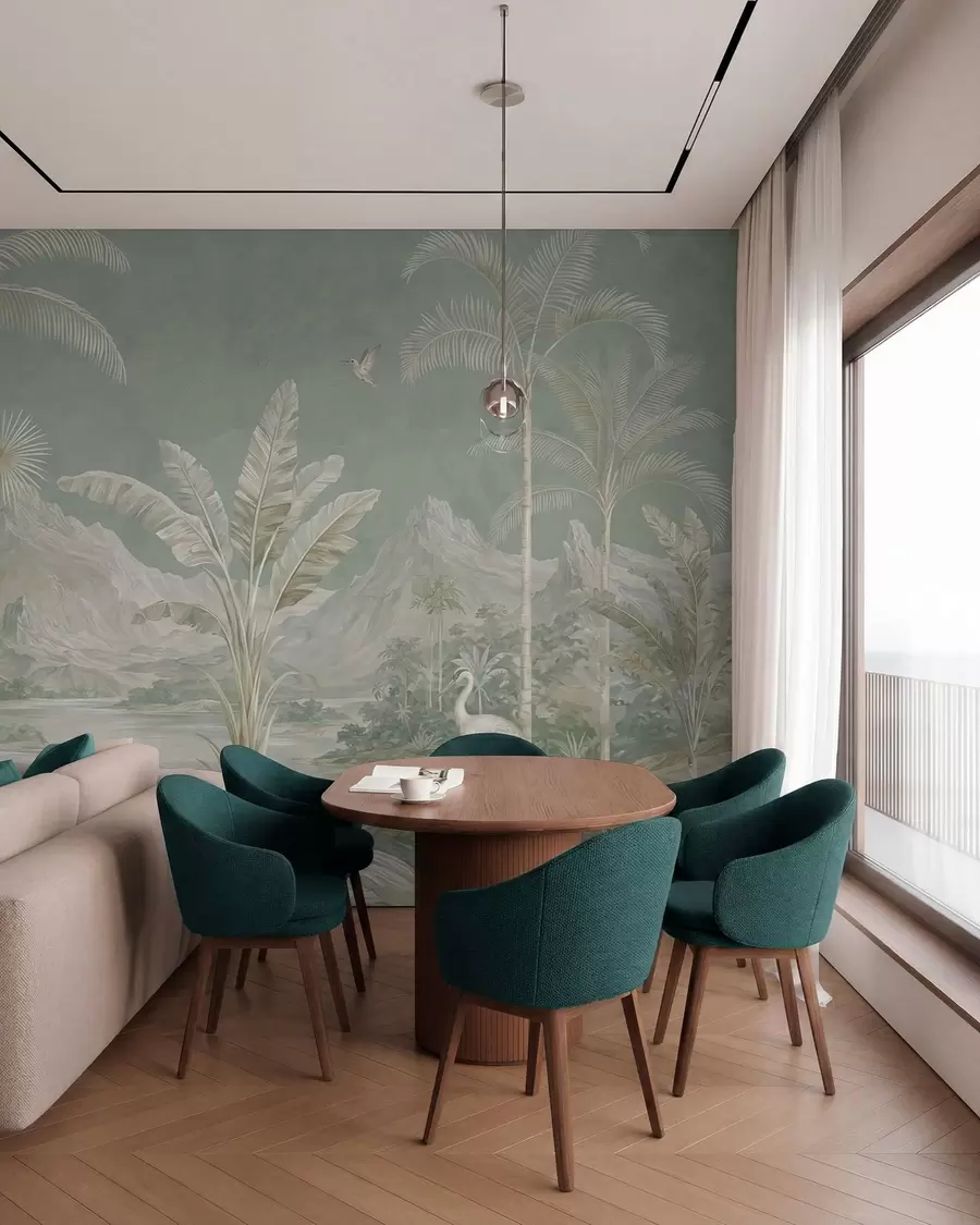 wall murals Tropical landscape in soft green tones w05819