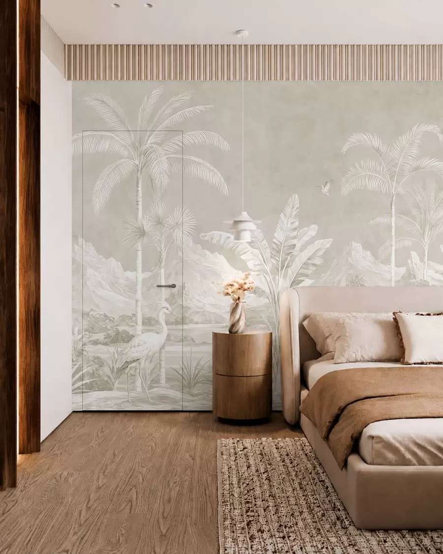 wall murals Light tropical landscape with palms, birds and mountains w05819v1
