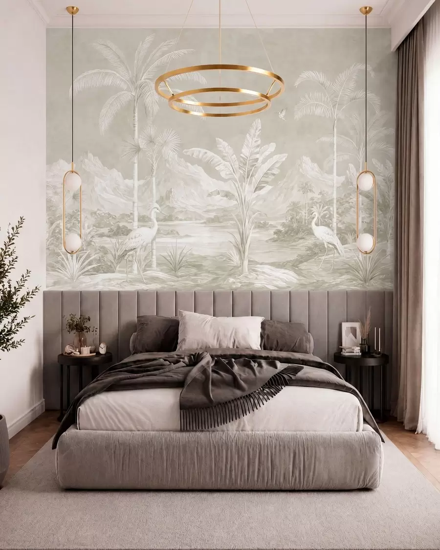 wall murals Light tropical landscape with palms, birds and mountains w05819v1