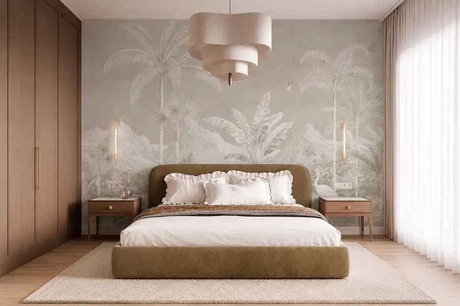 wall murals Light tropical landscape with palms, birds and mountains w05819v1