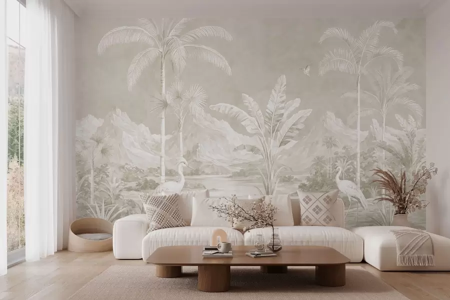 wall murals Light tropical landscape with palms, birds and mountains w05819v1