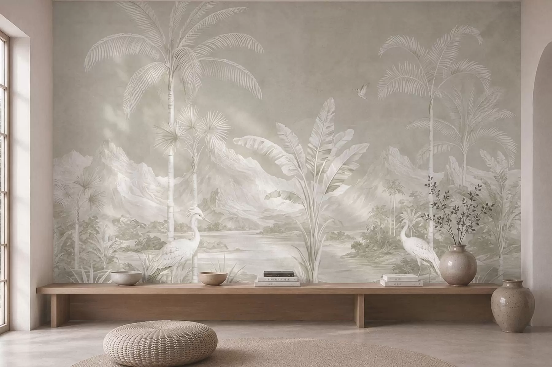 wall murals Light tropical landscape with palms, birds and mountains w05819v1