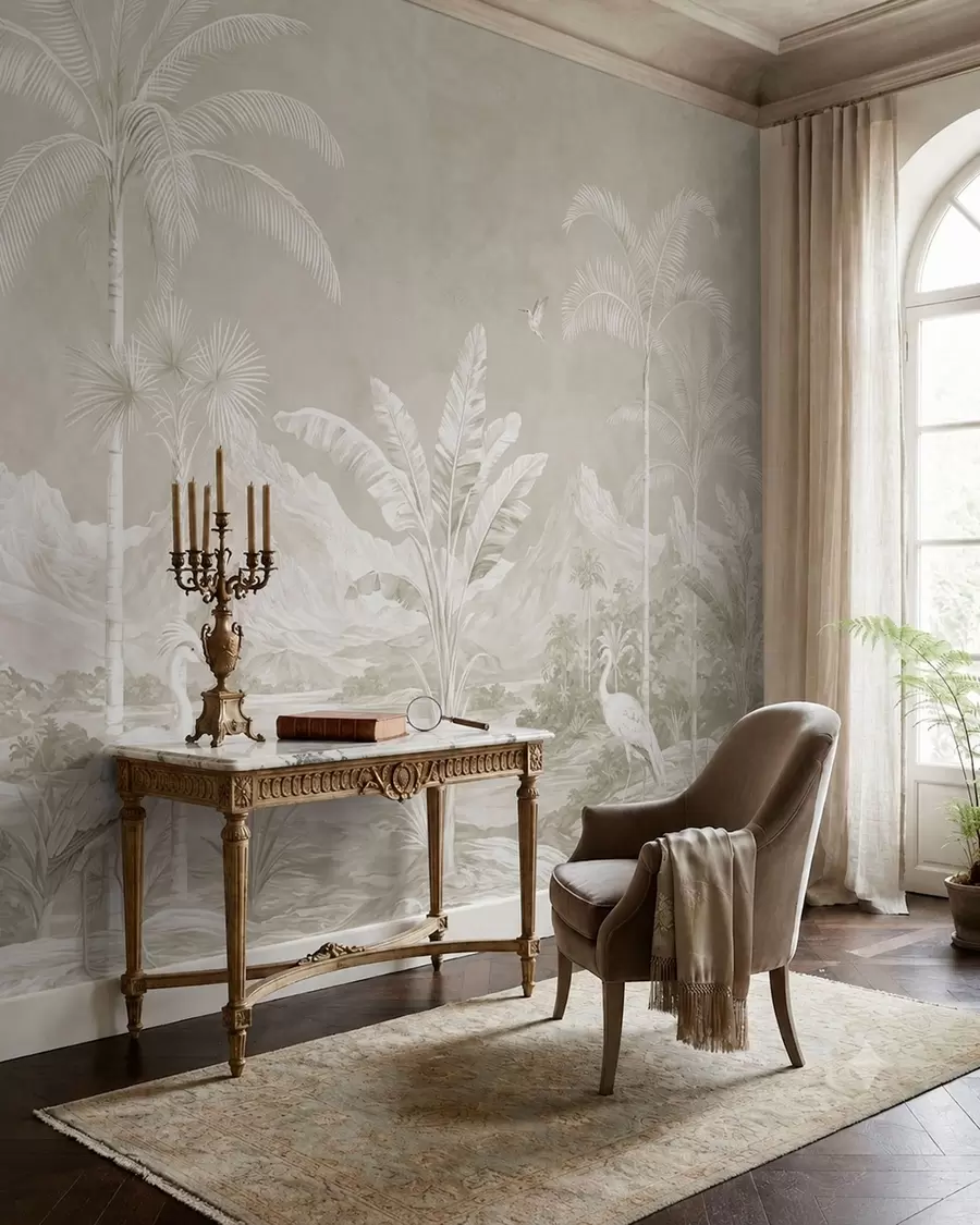 wall murals Light tropical landscape with palms, birds and mountains w05819v1