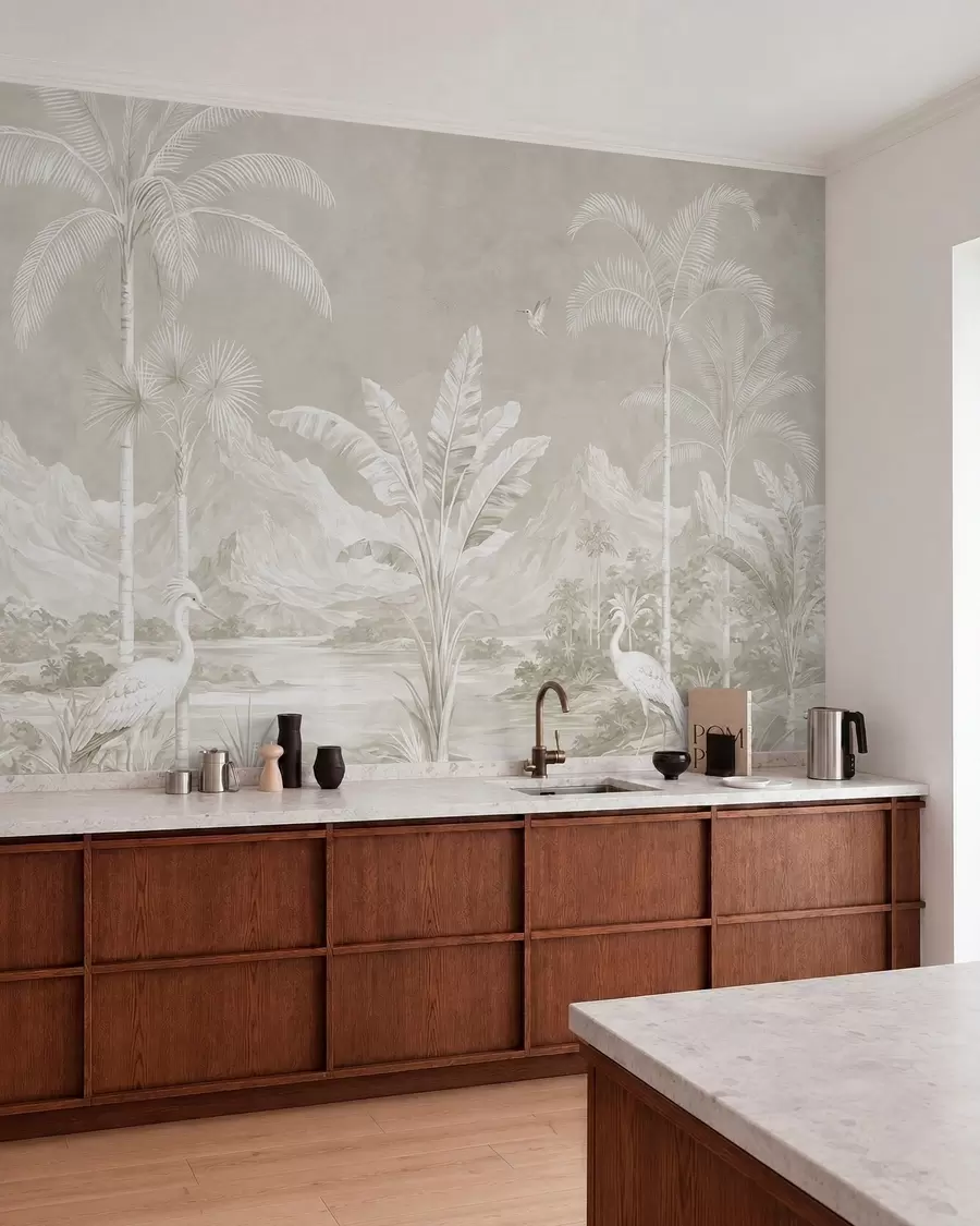 wall murals Light tropical landscape with palms, birds and mountains w05819v1
