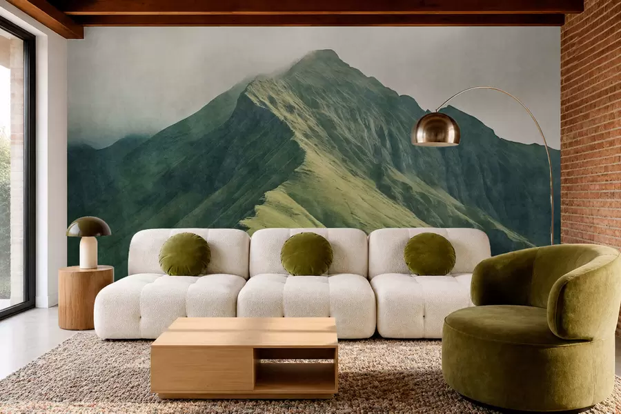 wall murals Mountain malachite with green slopes and a peak wrapped in soft mist w05820
