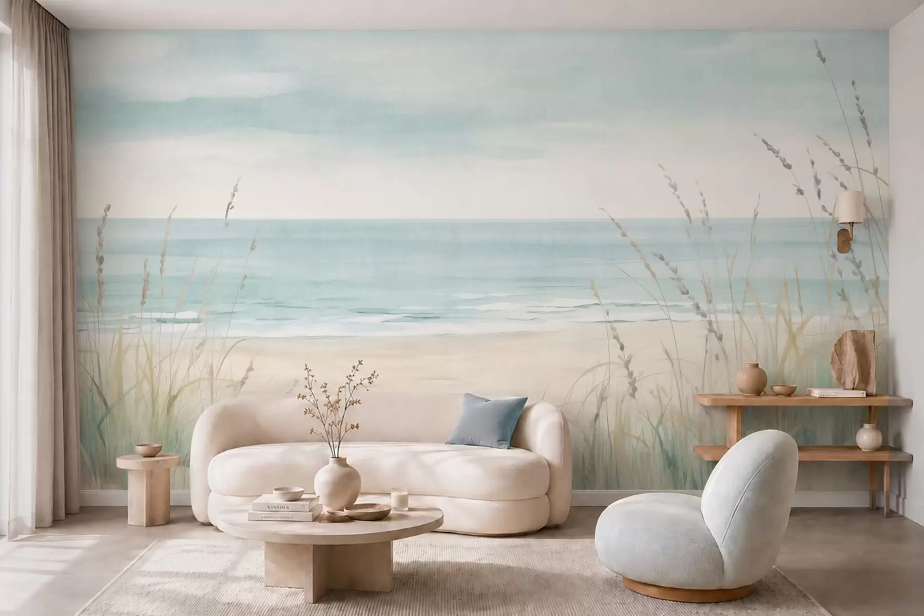 wall murals Shell sand with a gentle seashore and grasses in soft pastel tones w05821