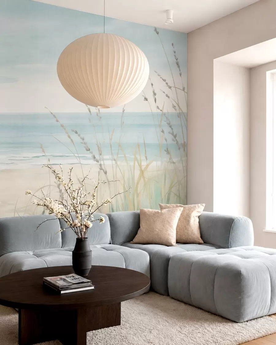 wall murals Shell sand with a gentle seashore and grasses in soft pastel tones w05821