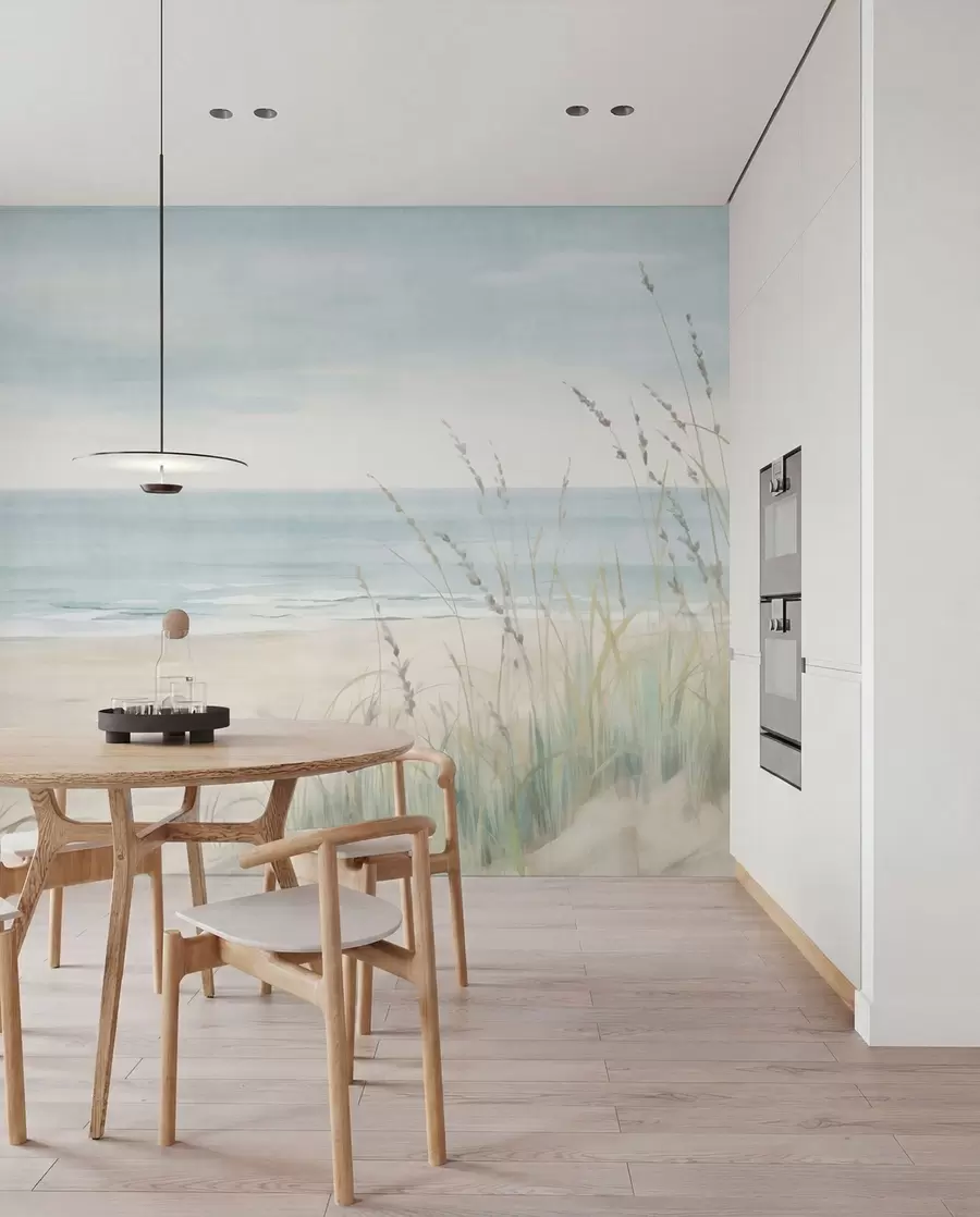 wall murals Shell sand with a gentle seashore and grasses in soft pastel tones w05821