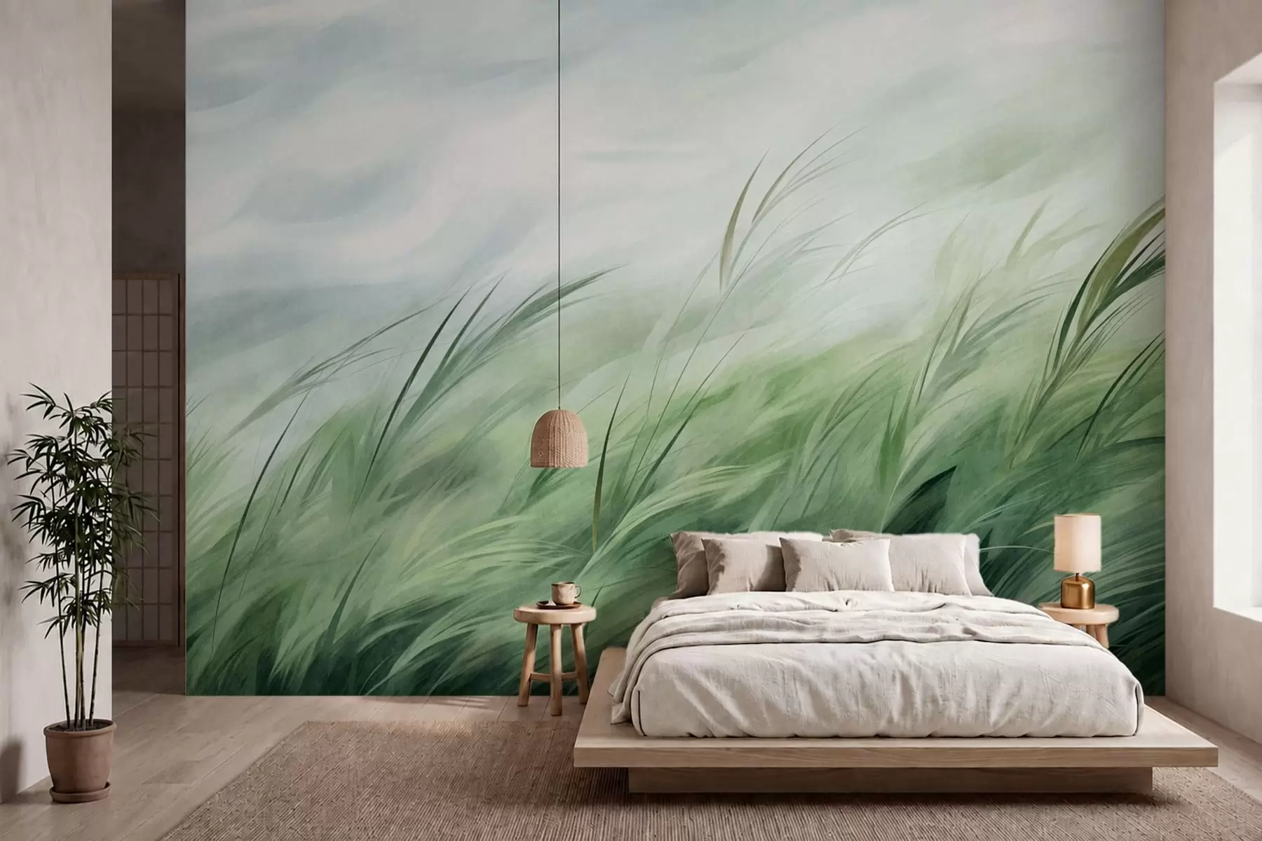 wall murals Sage green with delicate grasses gently bending in a quiet breeze w05853
