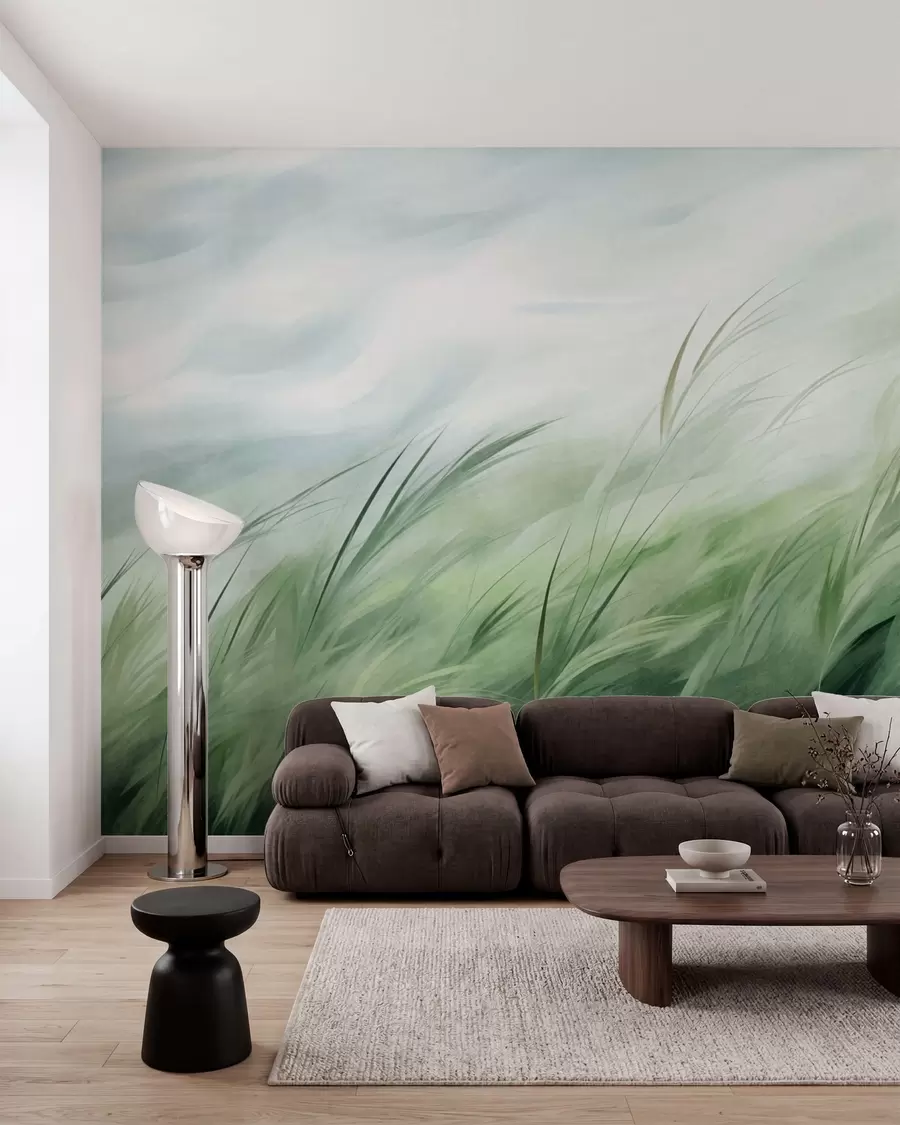 wall murals Sage green with delicate grasses gently bending in a quiet breeze w05853
