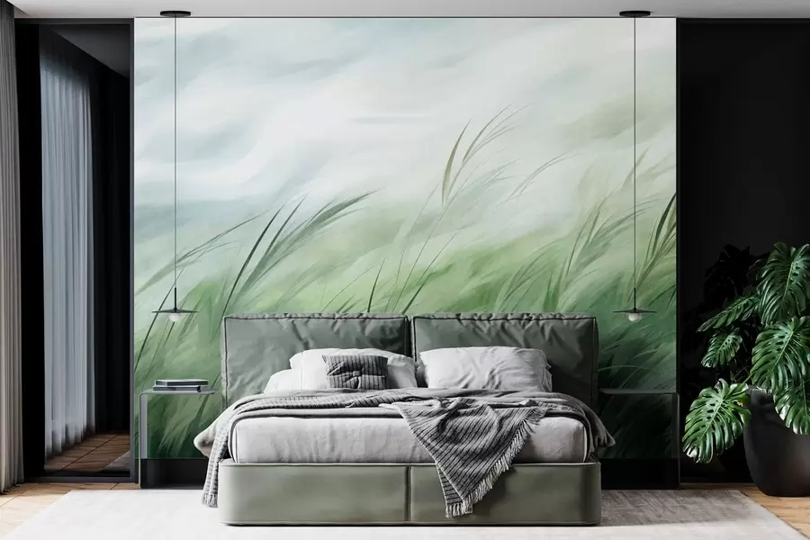 wall murals Sage green with delicate grasses gently bending in a quiet breeze w05853