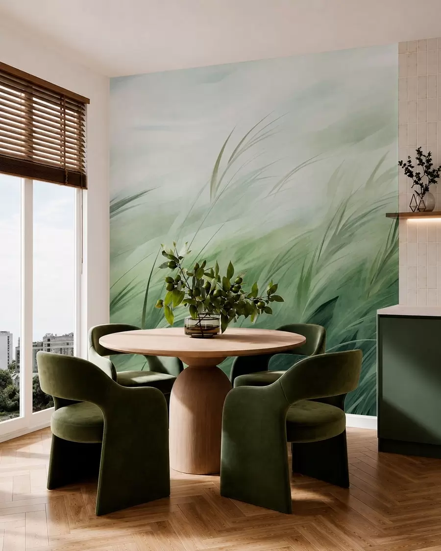 wall murals Sage green with delicate grasses gently bending in a quiet breeze w05853