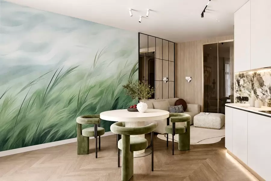 wall murals Sage green with delicate grasses gently bending in a quiet breeze w05853