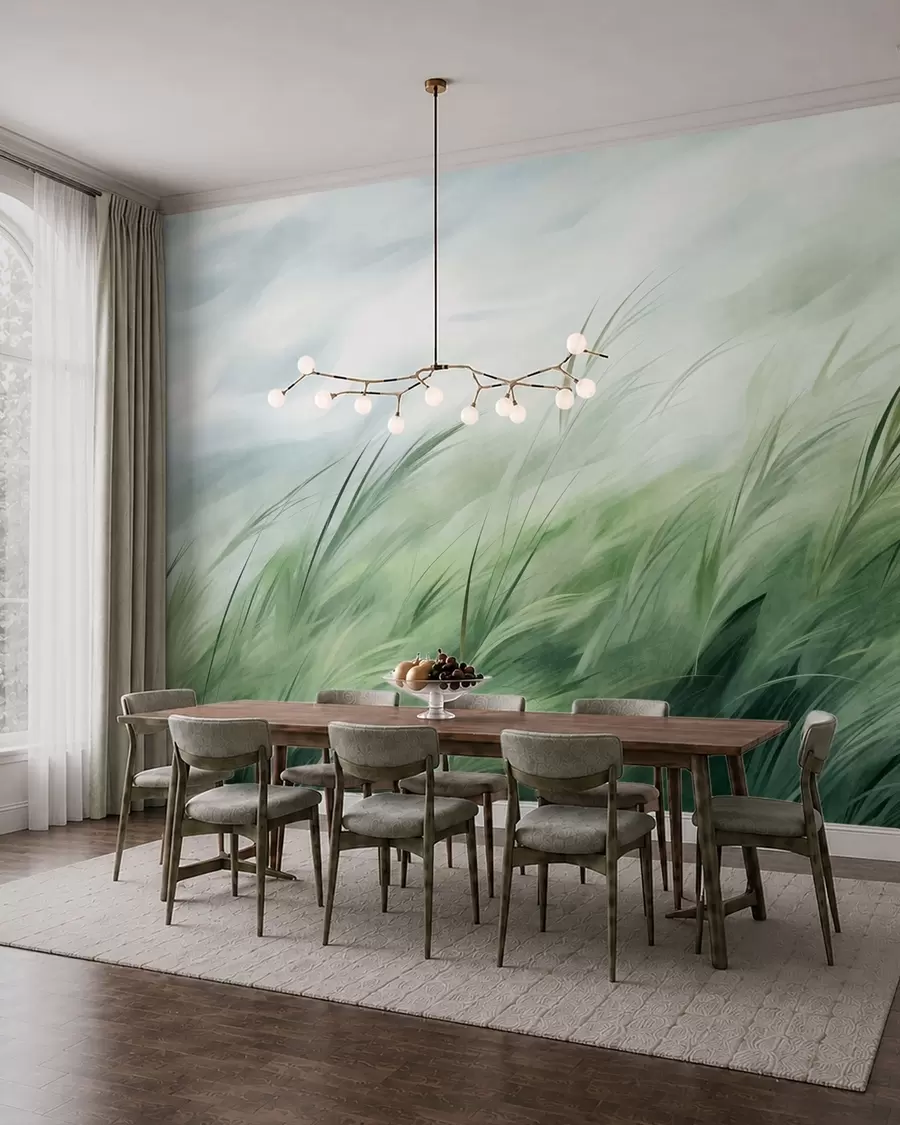 wall murals Sage green with delicate grasses gently bending in a quiet breeze w05853