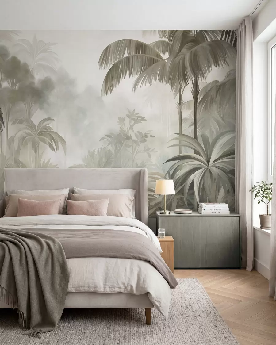 wall murals Textured jungle landscape with palm trees and lush foliage, in a soft, painterly style w10016
