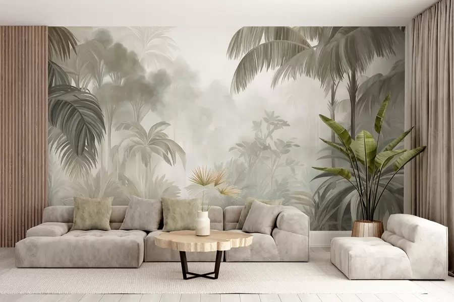 wall murals Textured jungle landscape with palm trees and lush foliage, in a soft, painterly style w10016