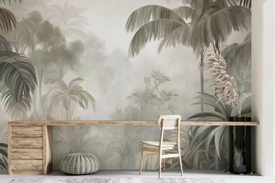 wall murals Textured jungle landscape with palm trees and lush foliage, in a soft, painterly style w10016
