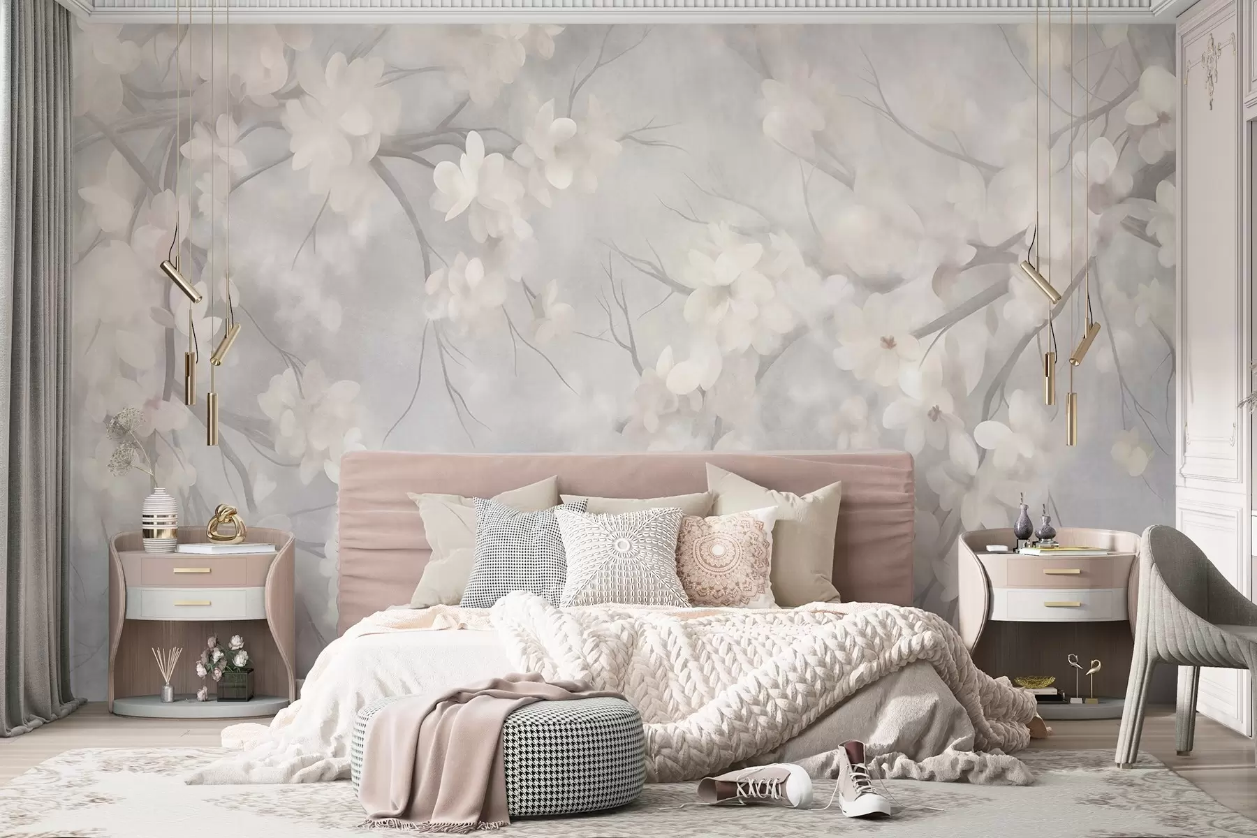wall murals White cherry blossoms on thin branches, blurred, light gray background, textured art w10012