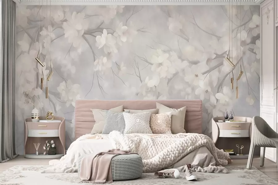 wall murals White cherry blossoms on thin branches, blurred, light gray background, textured art w10012
