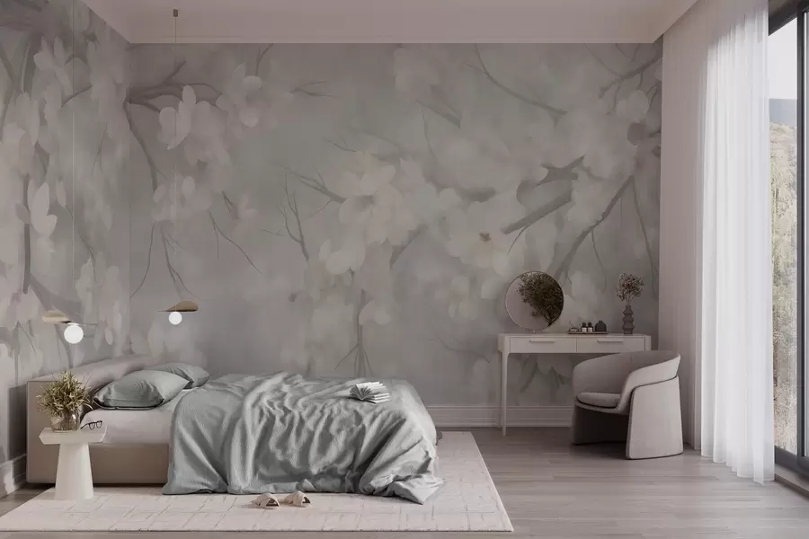 wall murals White cherry blossoms on thin branches, blurred, light gray background, textured art w10012