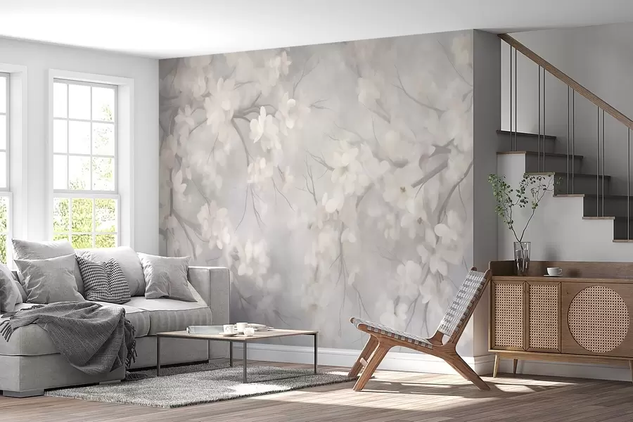 wall murals White cherry blossoms on thin branches, blurred, light gray background, textured art w10012